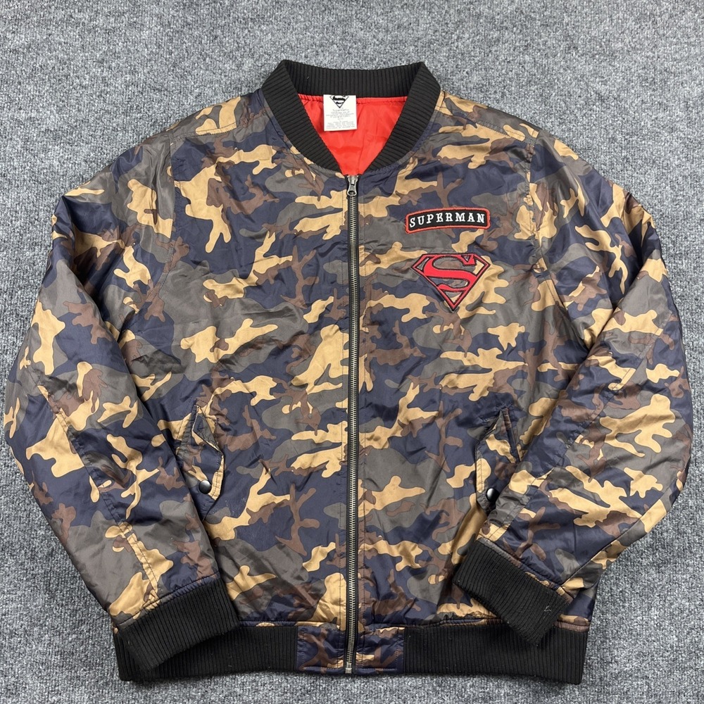 Marvel Comics Superman Camo Jacket Mens L Brown Superhero Bomber Zip Up